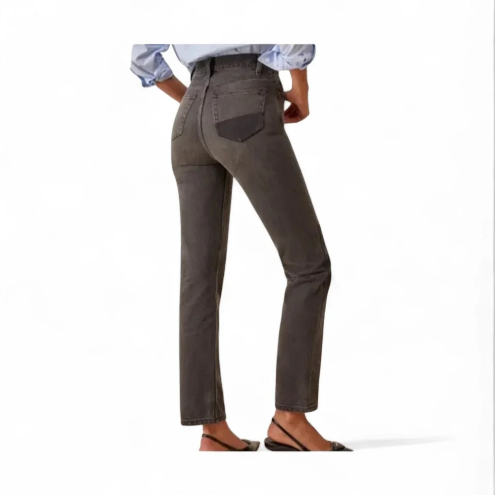 Reformation Cynthia High Rise‎ Straight Jeans Gray Patch Detail 26